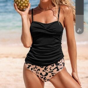 Black ruched tankini top & leopard print high rise bottom L Cupshe